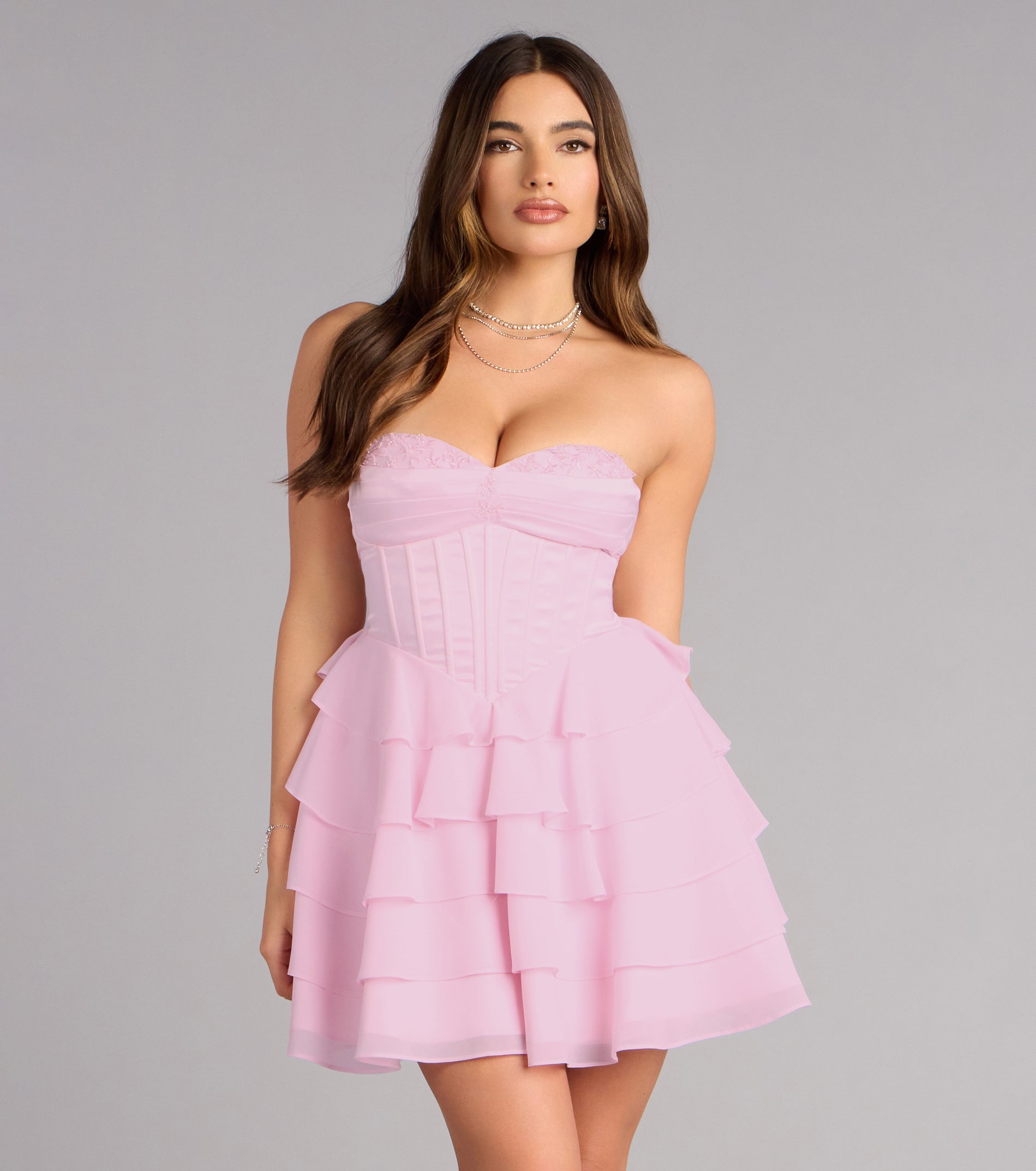 Jade Satin Chiffon Corset Skater Dress