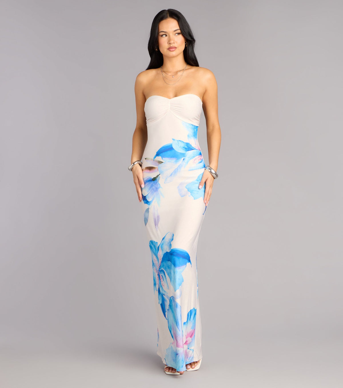 Soft Focus Muse Floral Lace-Up Maxi Tube Dress